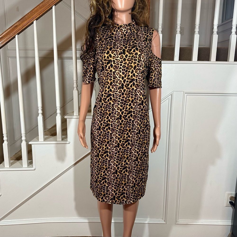 Leopard print open shoulder midi dress